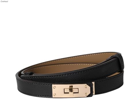 Ovekaut Women Skinny Leather Belt Solid Color Alloy Turn Lock Adj...