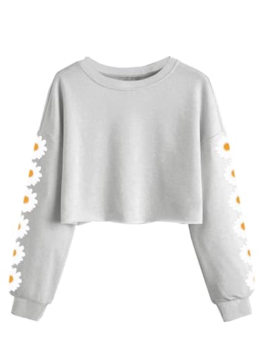 Imily Bela Girls Sweatshirt Daisy Pinted Crop Tops Cute Kids Jumper Long Sleeve Pullover Tee Shirts Clothes(Grey, 9-10 Years)