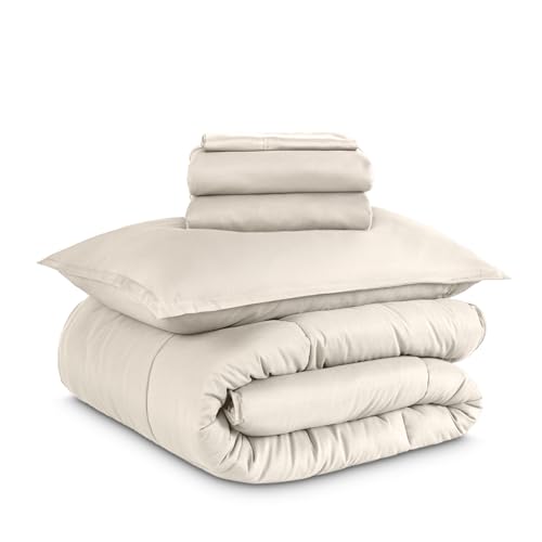 Bare Home Bed-in-A-Bag 5 Piece Comforter & Sheet Set - Twin XL - Goose Down Alternative - Ultra-Soft 1800 Premium Bed Set (Twin XL, Sand/Sand)