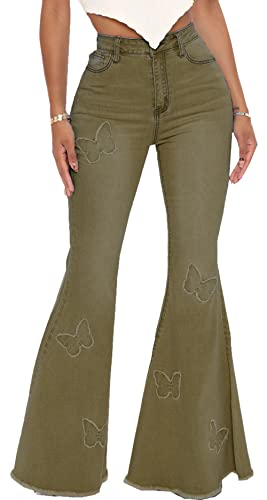 Butterfly Bell Bottom Jeans for Women Embroidery Classic High Waist Army Green Denim Flare Pants