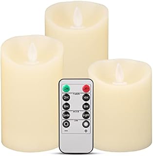 Teynewer LED Flameless Candles Battery Operated Pillar Ivory Real Wax Flickering Moving Wick Electric LED Candle Set of 3 with Remote Control Cycling 24 Hours Timer (D:3.25" X H:4" 5" 6")