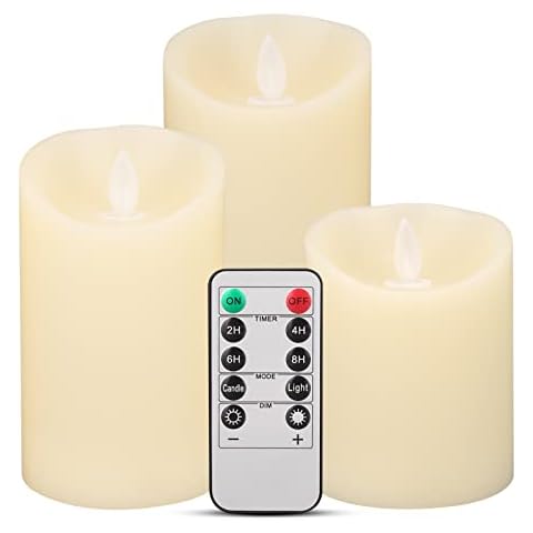 Teynewer LED Flameless Candles Battery Operated Pillar Ivory Real Wax Flickering Moving Wick Electric LED Candle Set of 3 with Remote Control Cycling 24 Hours Timer (D:3.25" X H:4" 5" 6") Cover