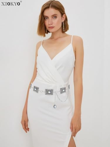 Vintage Turquoise Concho Belt Silver Rectangles Retro Metal Western Rhinestone Belts Waist Chain Belt for Women Dress3