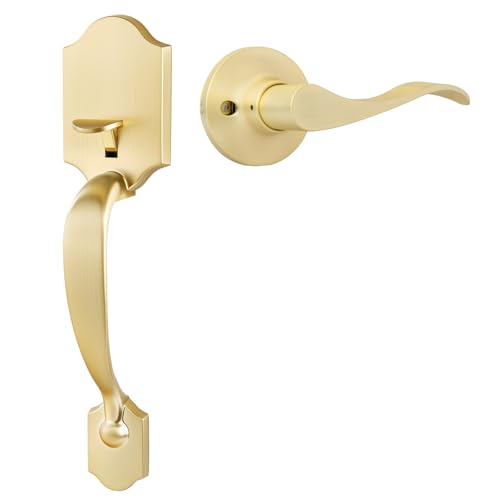 Image of Goldenwarm Front Door Handle, Gold Exterior Door Handles Single Cylinder Front Door Handle Only, Entry Door Handles