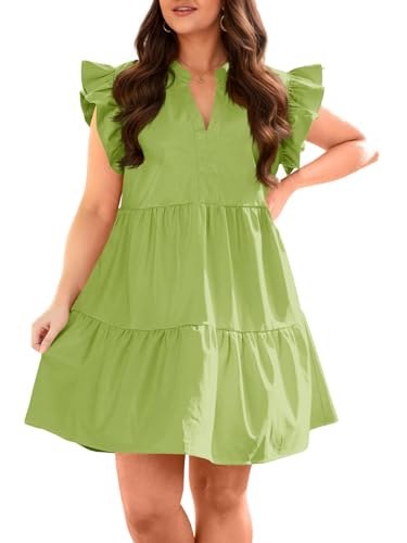 Image of Fisoew Plus Size Dresses for Women Summer Ruffle Short Sleeve V Neck Dress Tiered Swing A Line Babydoll Mini Dress
