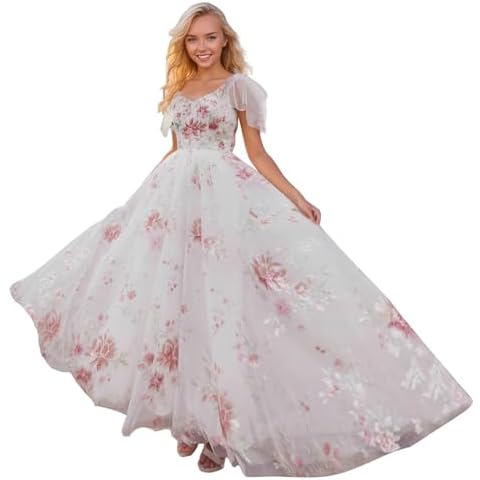Flihodaputa Plus Size Floral Tulle Dresses for Women Tie Straps A Line Tulle Ball Gown Built in Bra Tea Length Sweetheart Evening Party Dresses Floral Applique Wedding Party Gowns US24Plus Cover
