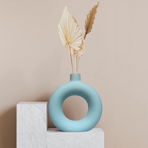 Image of White Vase /Flower Vase /Pampas Grass Vase /Ceramic Vase /Round Shaped Vase /Home Decor Centrepiece /Decor Showpiece Donut Vase 9 Inches | Grey | (Pack of 2) (9 x 7.5 Inch)