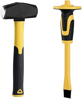 KURUI 3lb Sledge Hammer & Flat Chisel with Hand Protection for Tile/Rock/Masonry/Concrete/Brick/rockhounding , Mason Flat Head Chisel & Small Drilling Hammer with Anti-Slip Handle