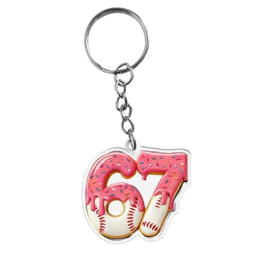 Sushenwe 67 Meme keychains Funny Gift Ornament for Friend,Kid Acrylic Keyring Birthday Decoration 6 7 Bag Charm for Lanyard,Key or Car (Pink) — view 2