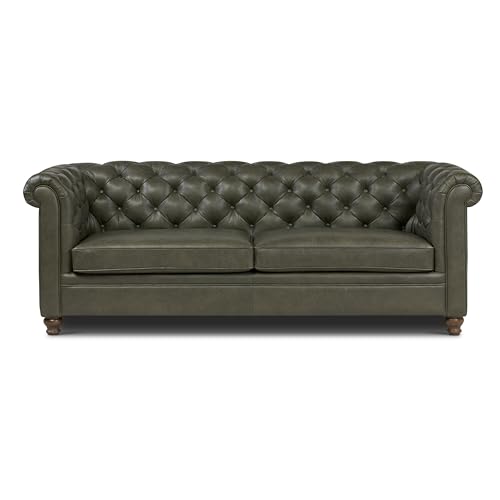 Image of Poly & BARK Lyon Leather Couch - 87.4 Inch Sofa - Full-Grain Leather Sofa for Living Room with Feather-Down Topper - Living Room Couch - Vintage Italian Leather in Olivine Green