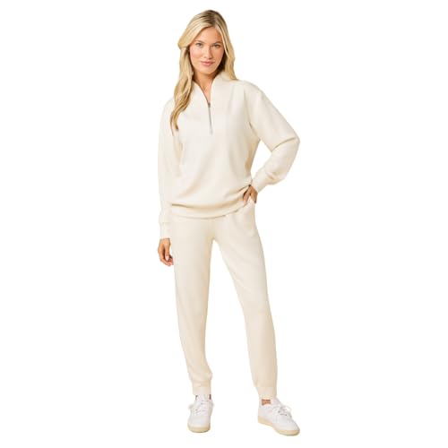 Softies Quarter Zip Jogger Lounge Set for Women Ultra Soft 2 Piece Loungewear with Zip Pullover Top and Jogger Pants, Almond, M