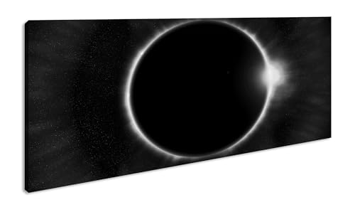 Gran eclipse solar panorámico, 80 x 40 cm, efecto: blanco y negro como lienzo, diseño enmarcado sobre marco de madera auténtica, impresión digital de alta calidad con marco