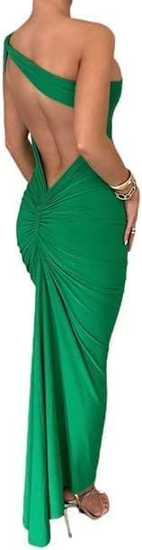 Image of Suillty Women's Sexy Oblique Shoulder Backless Maxi Dress Ruched Back Strap Sleeveless Party Club Long Dresses Bodycon