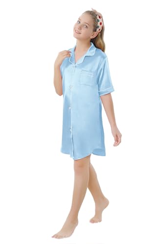 Image of Schbbbta Girls & Women Silk Nightgown, Short Sleeve Button Down Satin Nightshirt Pajama House Dress, 3 Years- Women 2XL