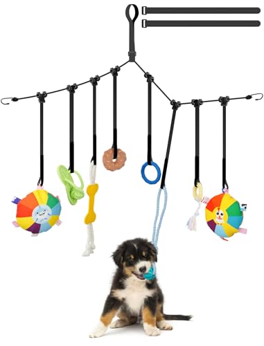 ZooZoo Puppy Hanging Tug Toy Set for Small Dogs & Teething Puppies - 8 Replaceable Hanging Toys 59 Inch Elastic Rope Adjustable Height Indoor and Outdoor Interactive Play for Training and Exercise