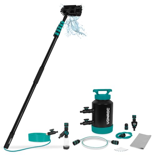 VONROC PRO Kit pulizia pannelli fotovoltaici ibrida + Addolcitore d’Acqua – spazzola telescopica 7,5 m – Tubo 11 m, Dosatore di Sapone, Testina Multiuso – Pulizia Vetri, Auto, Pannelli Solari