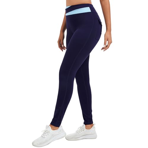 ChYoung Gym Leggings with Pockets for Women High Waisted Seamless Workout Exercise Yoga Pants Walking Running Compression Sports Activewear Navy Blue