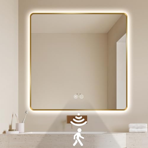 nolsia Gold LED Bathroom Mirror, 36"x36" Smart Mirror with Infrared