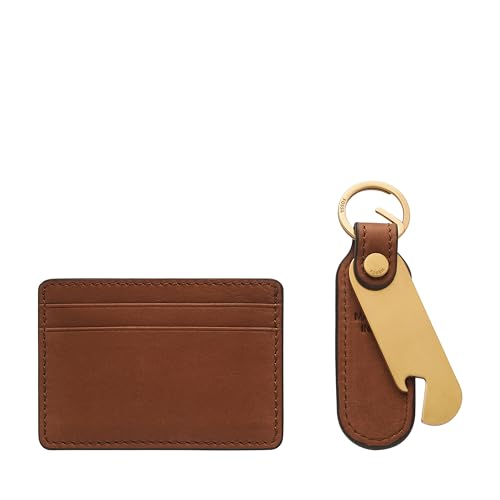 Image of Fossil Men's Steven Leather Card Case & Keyfob Gift Set Wallet, Medium Brown (Model: MLG0791210)