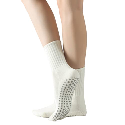 Image of Yoga Pilates Socks with Grips for Women Non Slip Solid Colored Fleece Cushioned Mid Calf Crew Socks for Barre Ballet Dance