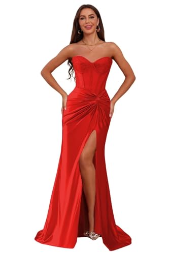 Strapless Prom Dress for Women 2025 Long Satin Rhinestone Formal Gowns with Slit LN70