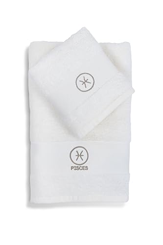 zer0bed Zodiac - Juego de 2 Toallas de baño con diseño de Signos del Zodiaco, Toalla para la Cara, Toalla de Invitados y bidé, 100% algodón, Color Liso con Bordado, Peces