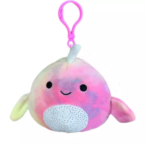 Squishmallows KellyToys 3.5 Inch Clip-On Plush, Navina The Pink Rainbow Tie Dye Narwhal