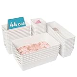 Vtopmart 44 PCS Plastic Drawer Organizers Set, 4-Size Versatile Bathroom and Vanity Organizer Trays, Non-Slip Storage Containers for Makeup, Jewelries, Bedroom，Kitchen Utensils and Office, White