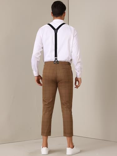 Plaid Cropped Pants for Men's Tapered Leg Formal Checked Trousers with Suspender3