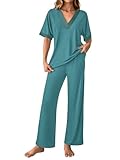 GKBK Womens Two Piece Outfits Pajama Sets 3/4 Dolman Sleeve V Neck Sleepwear Nightwear Loungewear Matching Pjs 2 Piece Lounge Set Lightweight Sweatsuit Fall Fashion Ooutfit Cyan S