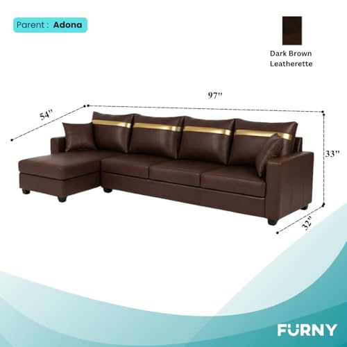 Image of FURNY Arossa 5 Seater Leatherette LHS L Shape Sofa Set (Brown) Premium Velvet Finish| Durable Comfort Ideal for Living Room