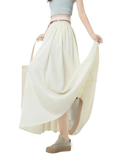 Pulcykp Women Slim High Waist Big Swing A-Line Pleated Skirt Solid Umbrella Skirt with Belt3