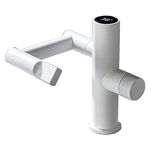 LenEurest Schwenkbarer Wasserhahn für Waschbecken, Waschtischarmatur mit großer Winkeldrehung und digitaler Temperaturanzeige Spray Dual Function,Weiß Cover