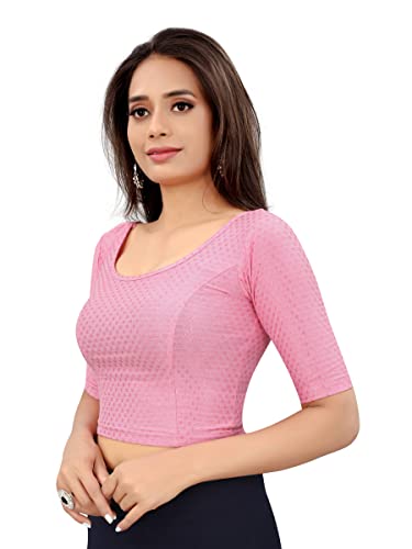 Image of Round Neck Dobby Cotton Lycra Stretchable Elbow Sleeve Readymade Saree Blouse for Women Stylish