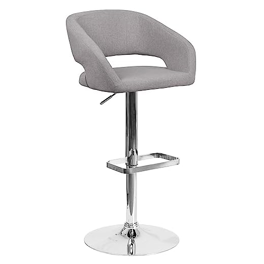 Flash Furniture Erik Comfortable & Stylish Contemporary Barstool with Rounded Mid-Back and Foot Rest, Adjustable Height - Gray Fabric with Chrome Base