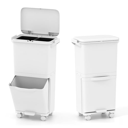 LIFEZEAL Cubo de Basura de Reciclaje 40L, Cubo de Basura Cocina de 3 Compartimentos con Balde Interior, Contenedores de Reciclaje de Pedal con inferior basculante, 42 x 28 x 73.5 cm