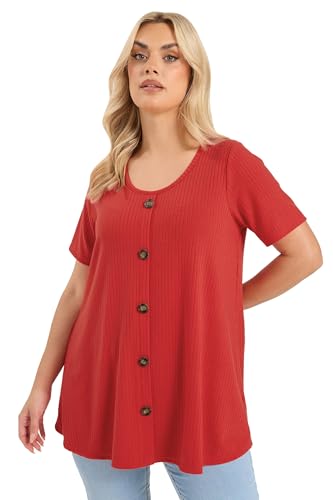 Yours Curve Button Front Ribbed Swing Top - Women's - Plus Size Curve Red