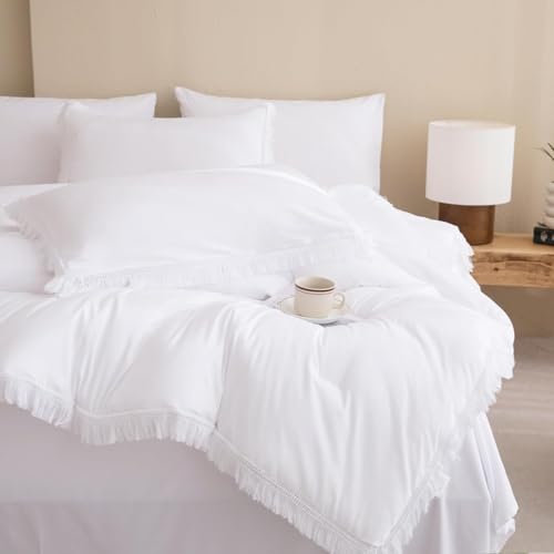Image of Andency Oversized King Comforter Set with Sheets 120x120 White - 7 Pieces Boho Tassel Bed in a Bag Soft Lightweight Bedding Sets, Fringe Bed Set with Comforter, Sheets, Pillowcases & Shams