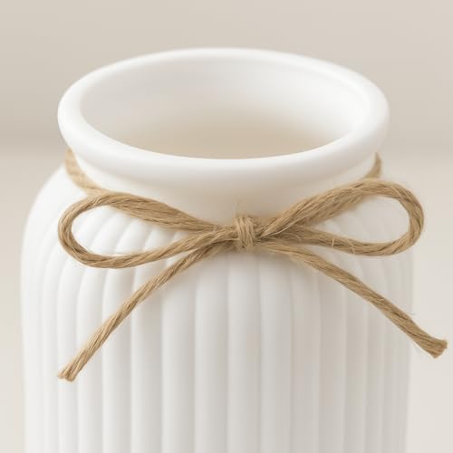 Image of Plastic Ribbed Decorative Vase with Jute Rope Top | Ceramic Look, Unbreakable Flower Pot for Centre Table, Balcony & Living Room Decor | Only Vase (No Flower) (White)