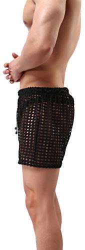 Linemoon Men's Mesh Shorts Sexy Lounge Hollow Boxer Underwear Black, Large - Image 4