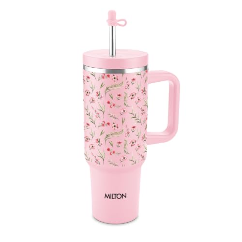 Image of MILTON My Tumbler Studio 1200 Thermosteel Double Wall Vacuum Insulated SS Tumbler with Handle 1100ml, Leak Proof Travel Mug, Straw, Silicon Cap Cleaning Brush, Hot & Cold Beverage Flask, Pink Floral