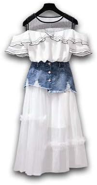 Amazon ごはん 夏 レディースワンピース ２点セット 丸襟トップス チュールスカート デニム切り替え 背出し Aラインワンピース ｏｌ通勤 着痩せ 優雅 お呼ばれ ワンピース チュニック 通販