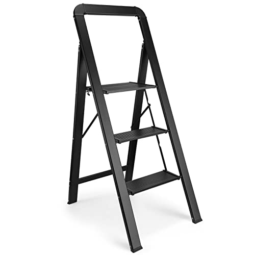 Delxo 3 Step Stool,Aluminium Step Ladder 3 Step in Black,Lightweight But Heavy Duty Portable Folding Step Stool with Wide Hand Grip,Hold up to 330 Lbs