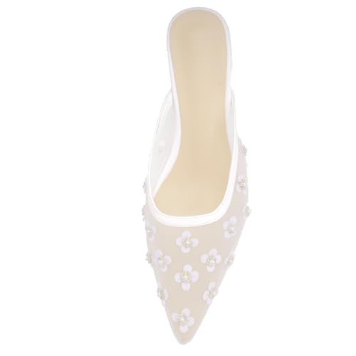 Black Mule Sandals For Women Crystal Flower Decor Low Kitten Heel Mesh Slip on Pointed Closed Toe Pumps Comfort Dress Party Shoes3