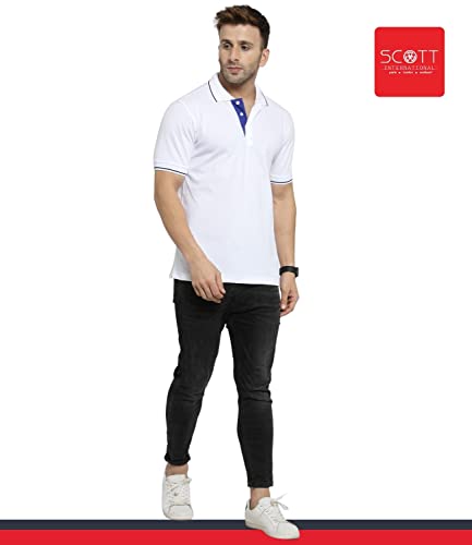 Image of Scott International Men's Organic Cotton Regular Fit Polo T-Shirt (White with Blue, Medium)