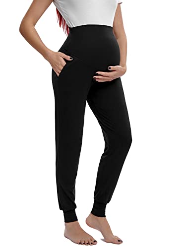 Shen&Qege Pantalones de maternidad sobre el vientre, pantalones deportivos elásticos y cómodos para embarazadas con bolsillos, Negro, L