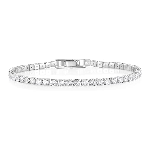 Mameloly 3mm Cubic Zirconia Classic Tennis Bracelet Silver Round Charm CZ Bracelets for Women Size 6.5-7.5 Inch