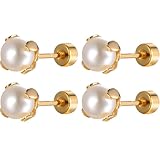 Pendientes de perlas de acero inoxidable de 4 mm, 2 pares de aretes de cartílago con parte trasera plana, aretes de tragus, aretes de segundo agujero, hipoalergénicos, apilables, joyería para orejas