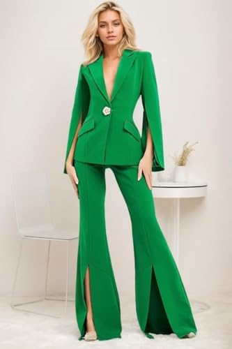Womens Suit 2 Piece Set Business Blazer Bell Bottoms Casual Sleeve Placket Suit Peak Lapel Prom Tuxedo for Evening Party4