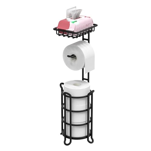 TreeLen Portarrollos de Papel higiénico TreeLen Independiente con Estante, Soporte con Almacenamiento para Rollos de Reserva Grandes, Organizador de baño, Color Negro